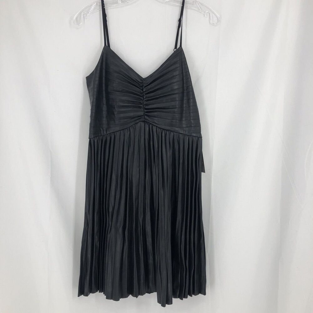Express Small Pleated Pleather Spaghetti Steal Dress Black